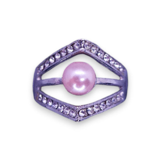 Silver Tone Faux Pearl & Clear Cubic Zirconia Art Deco Ring