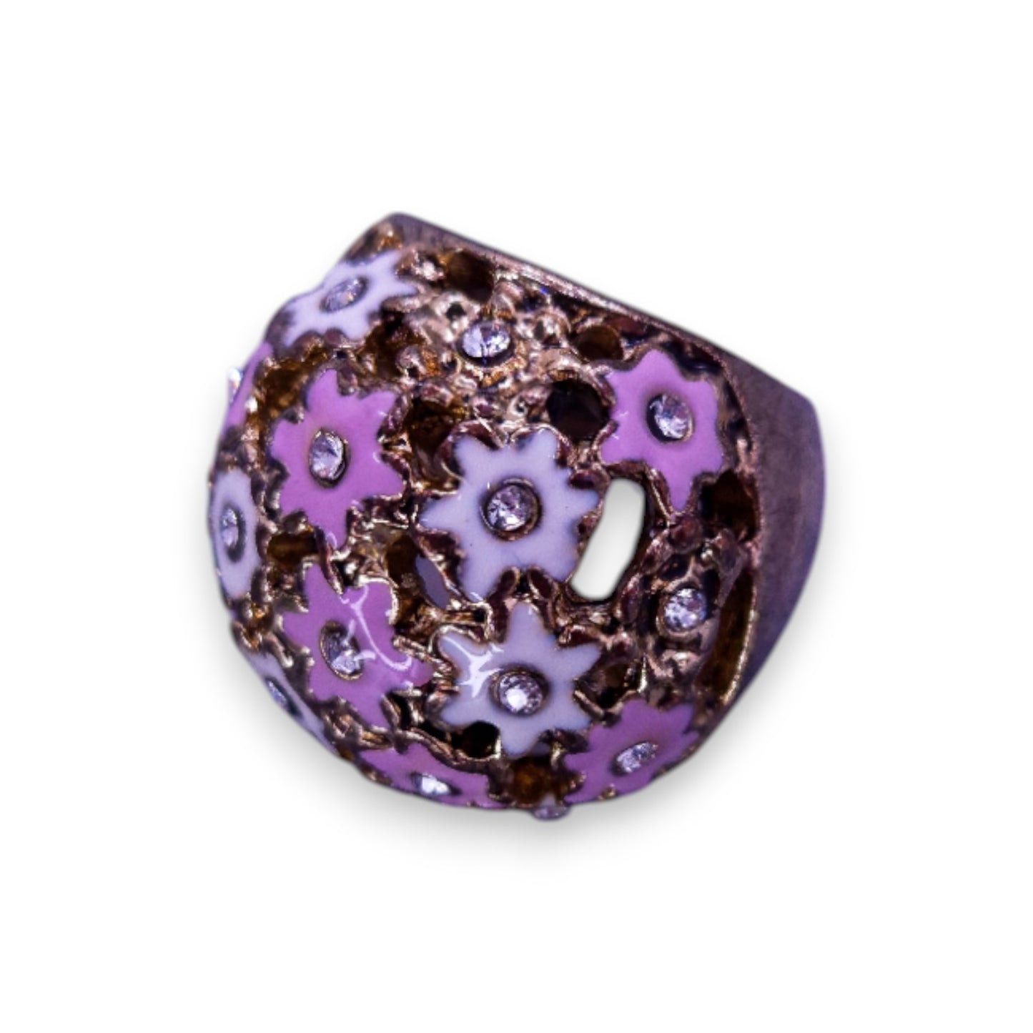 Gold Tone Cubic Zirconia Enamelled Nature Inspired Flowers Ring