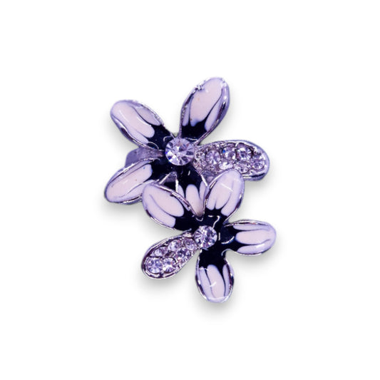 Silver Tone Clear Cubic Zirconia Enamelled Nature Inspired Flowers Ring