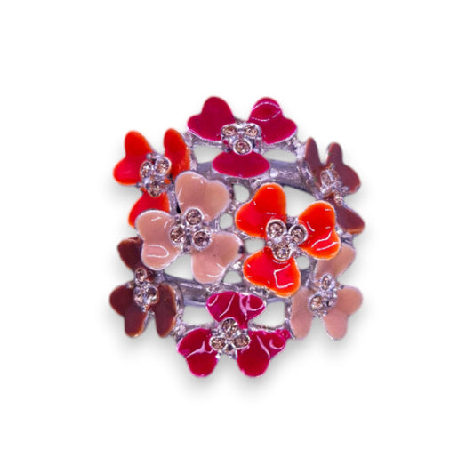 Silver Tone Clear Cubic Zirconia, Enamelled Nature Inspired Flowers Ring