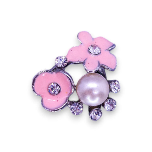 Silver Tone Clear Cubic Zirconia Faux Pearl Enamelled Nature Inspired Flowers Ring
