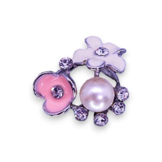 Silver Tone Clear Cubic Zirconia Faux Pearl Enamelled Nature Inspired Flowers Ring