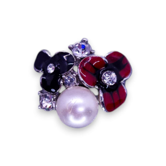 Silver Tone Clear Cubic Zirconia Faux Pearl Enamelled Nature Inspired Flowers Ring