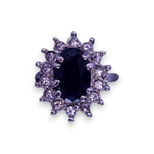 Silver Tone Black & Clear Cubic Zirconia Classic Ring