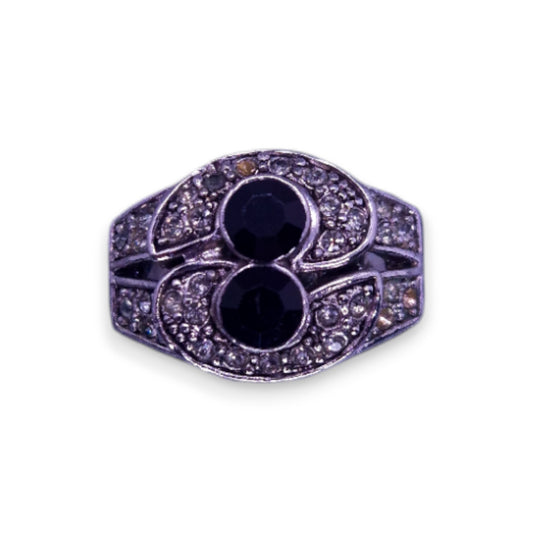 Silver Tone Black & Clear Cubic Zirconia Classic Ring