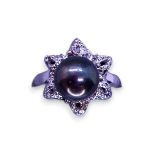 Silver Tone Black Pearl Classic Ring