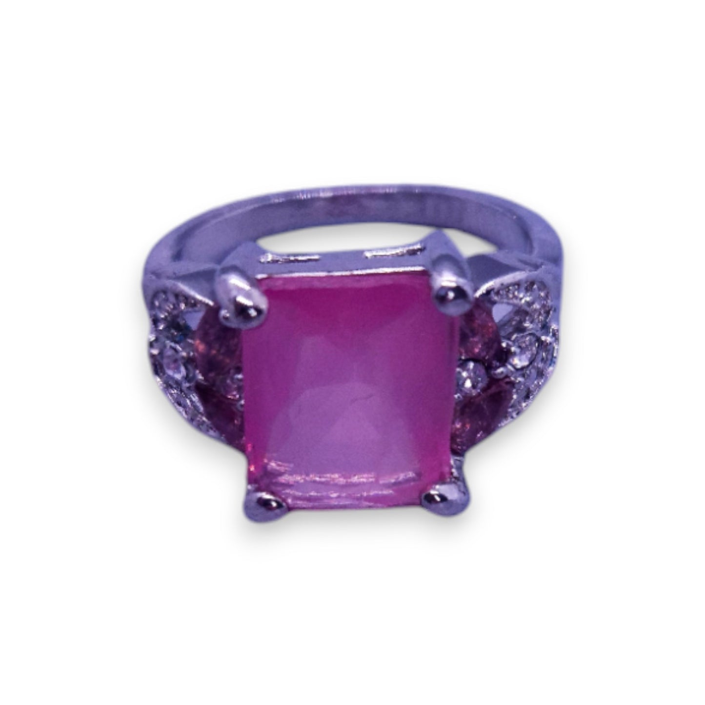 Silver Tone Pink & Clear Stones Classic Ring