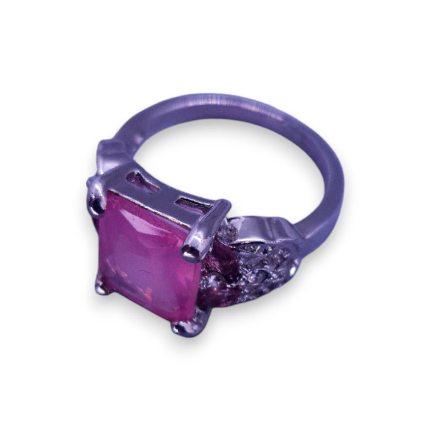 Silver Tone Pink & Clear Stones Classic Ring