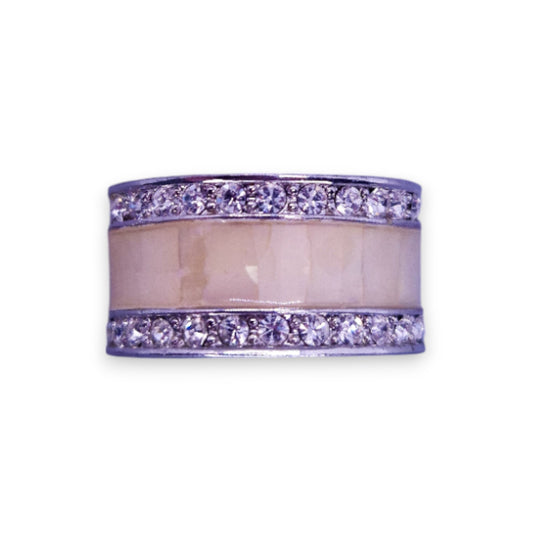 Silver Tone Clear Cubic Zirconia Enamelled Modern Ring