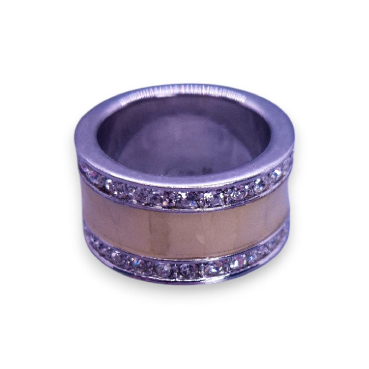 Silver Tone Clear Cubic Zirconia Enamelled Modern Ring