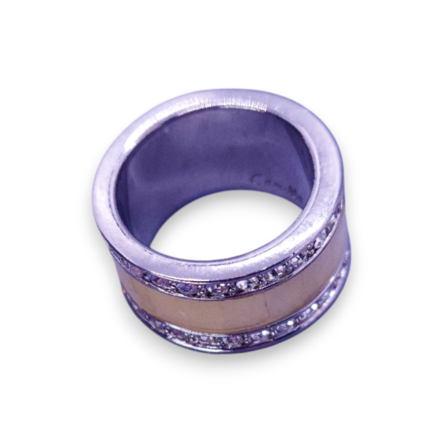 Silver Tone Clear Cubic Zirconia Enamelled Modern Ring