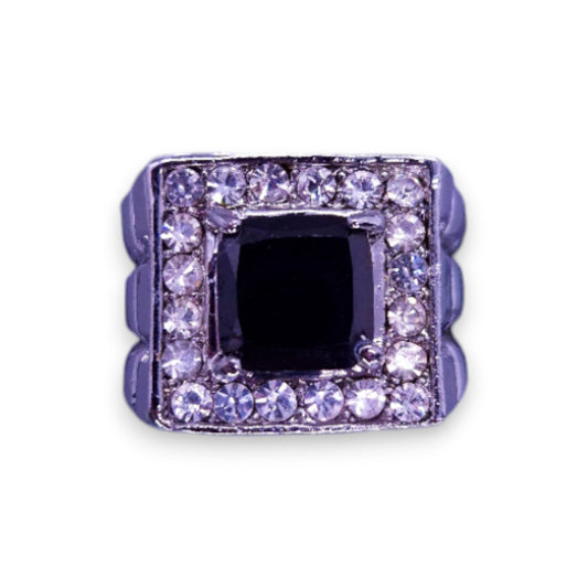 Silver Tone Black & Clear Cubic Zirconia Modern Ring