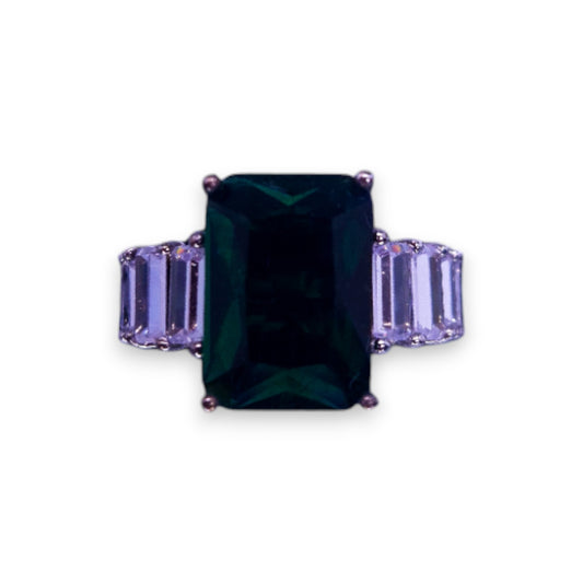 Silver Tone Green & Clear Stones Modern Ring