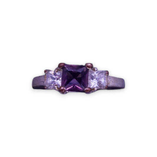 Silver Tone Purple & Clear Stones Classic Ring