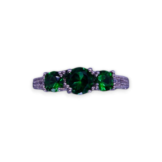 Silver Tone Green & Clear Cubic Zirconia Classic Ring