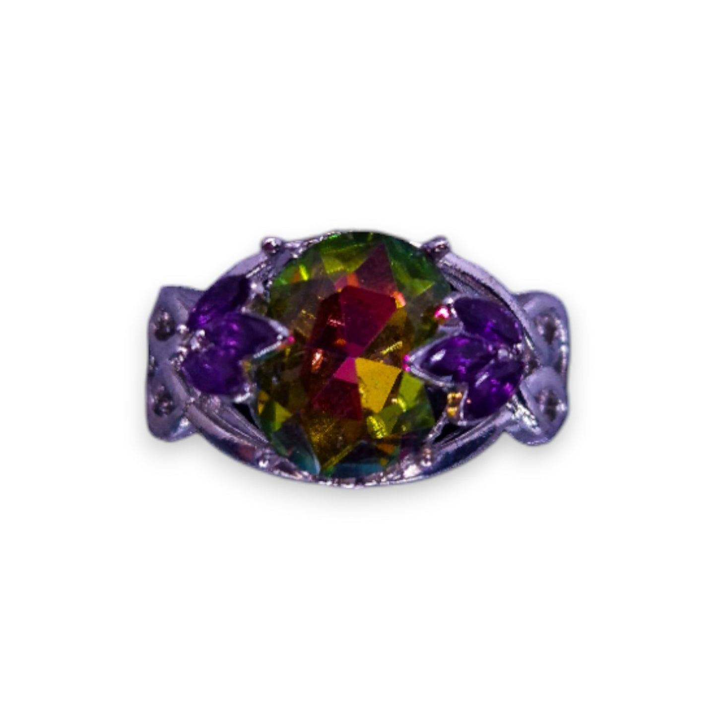 Silver Tone Possible Mystic Topaz & Purple Stones Nature Inspired Ring