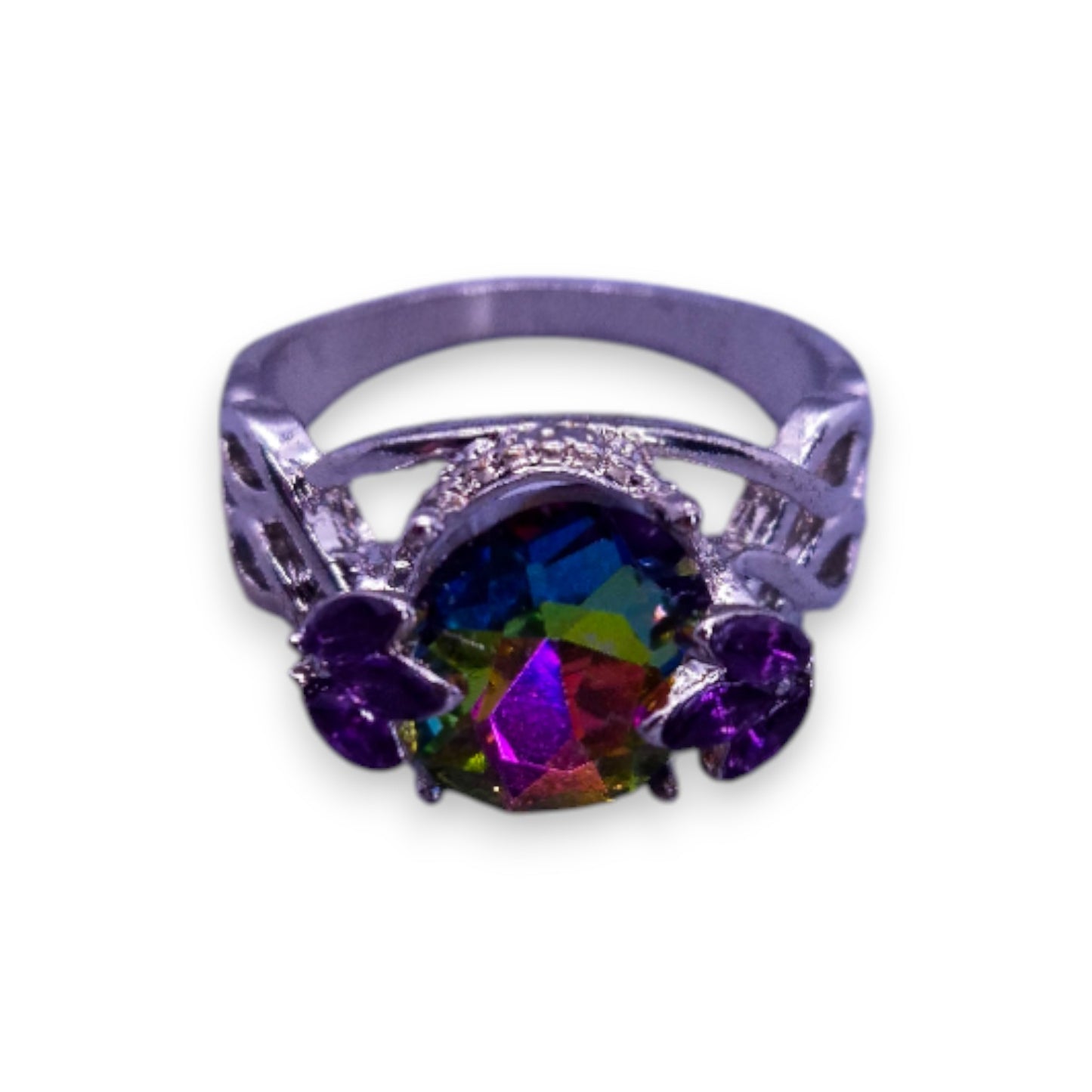 Silver Tone Possible Mystic Topaz & Purple Stones Nature Inspired Ring