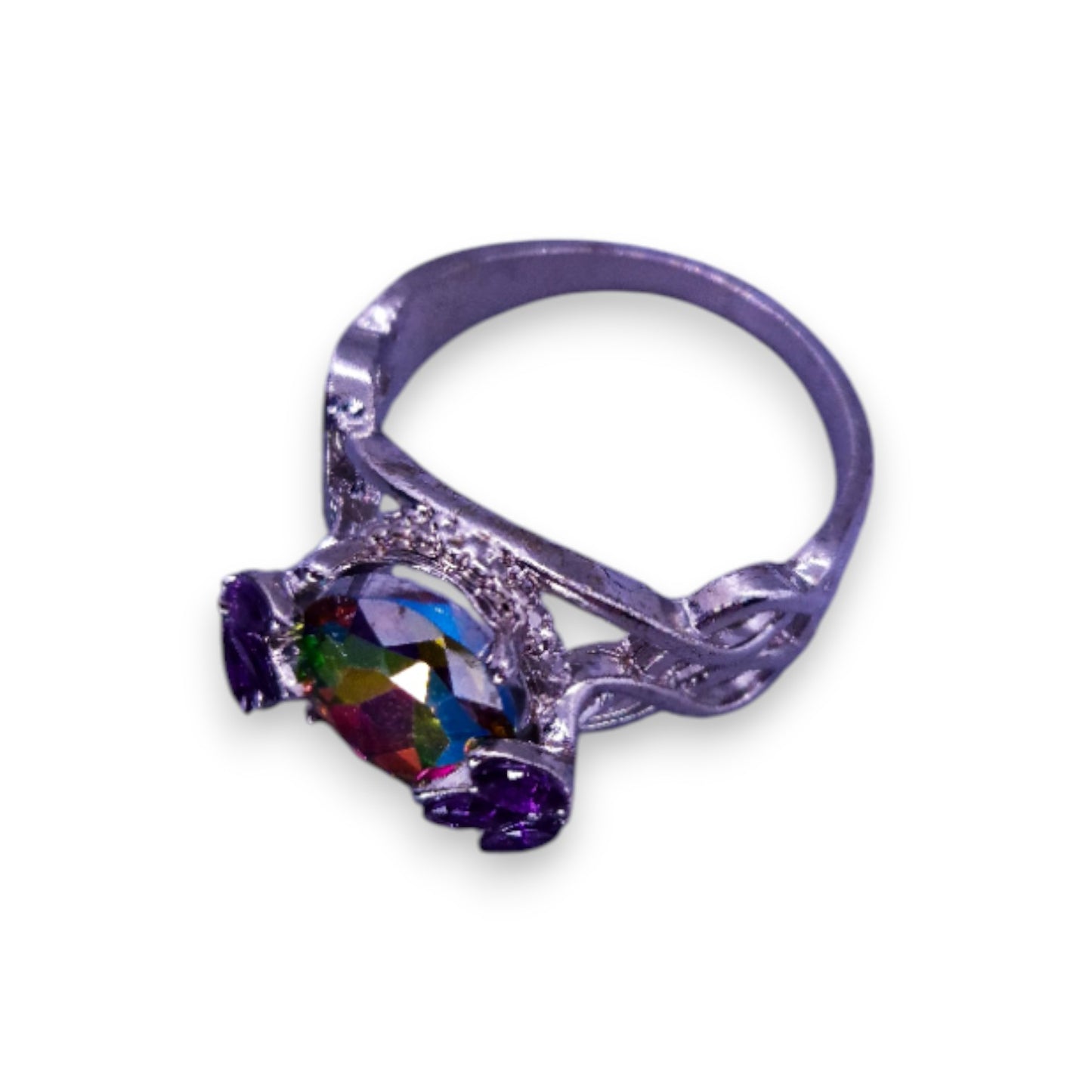 Silver Tone Possible Mystic Topaz & Purple Stones Nature Inspired Ring