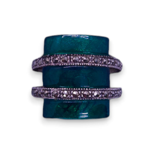 Silver Tone Green Paste Marcasite Modern Ring