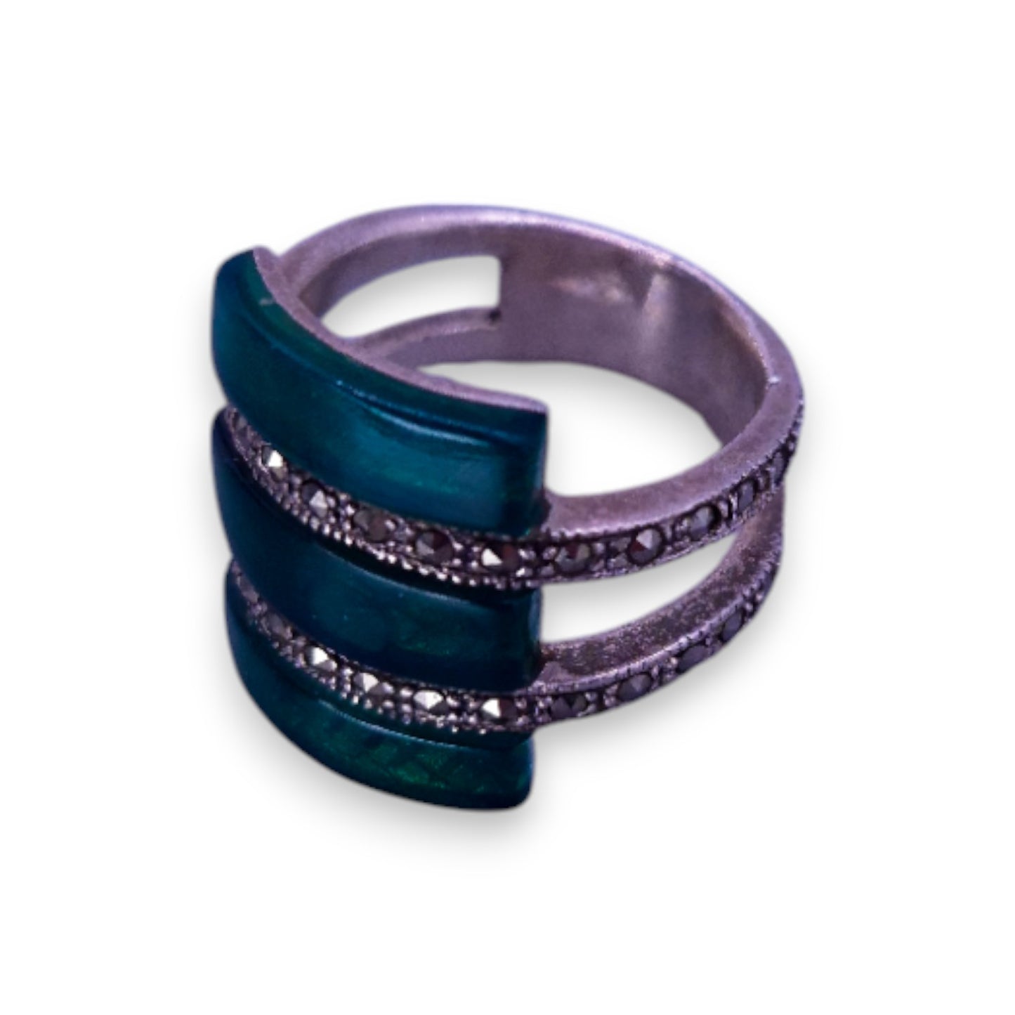 Silver Tone Green Paste Marcasite Modern Ring