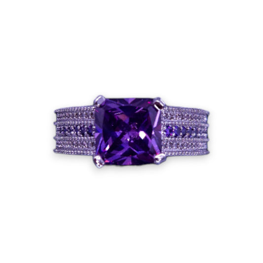 Silver Tone Purple Cubic Zirconia Modern Ring
