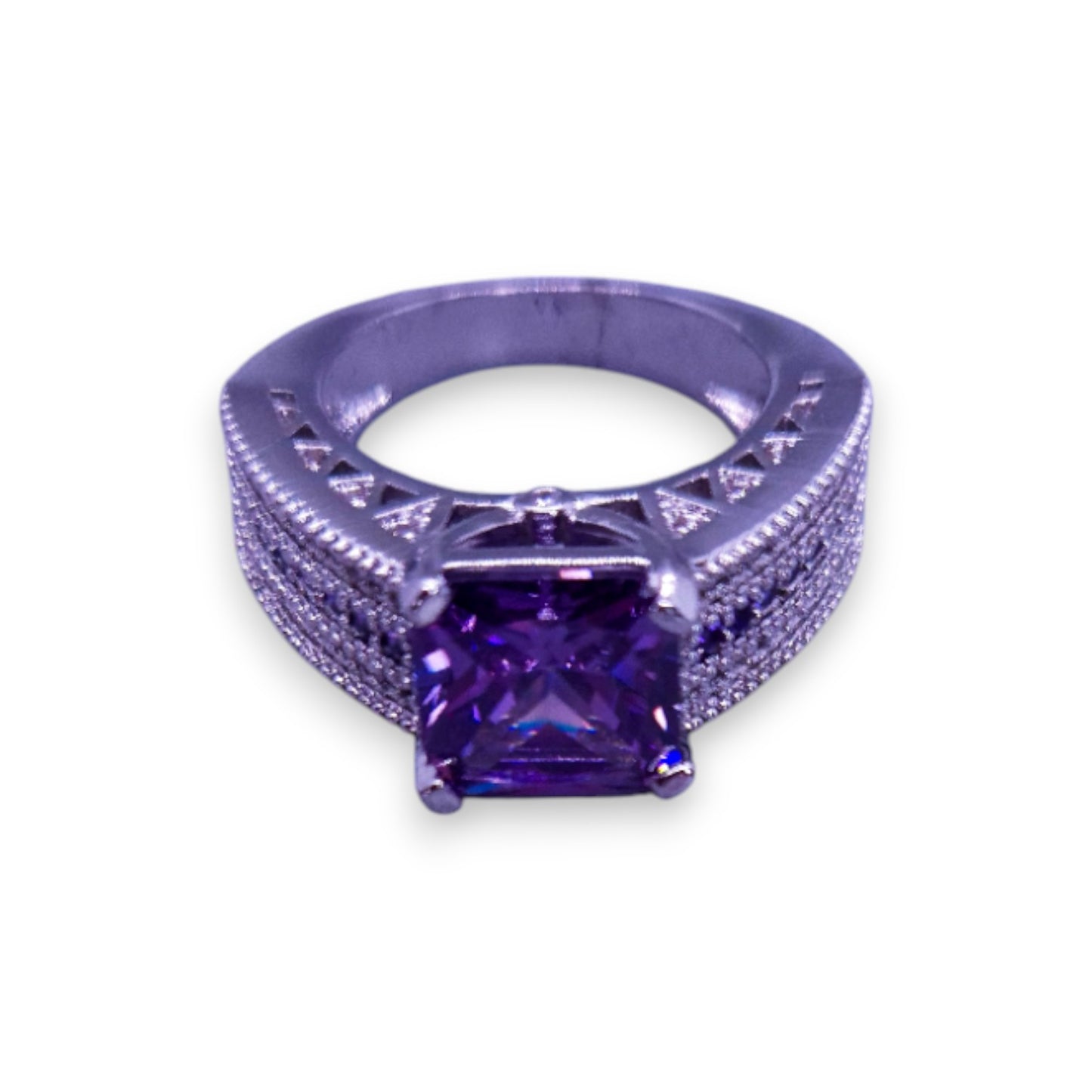 Silver Tone Purple Cubic Zirconia Modern Ring