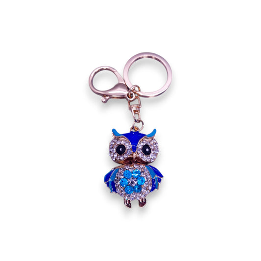 Rose Gold Tone Blue & Clear Stones Nature Inspired Owl Keyring