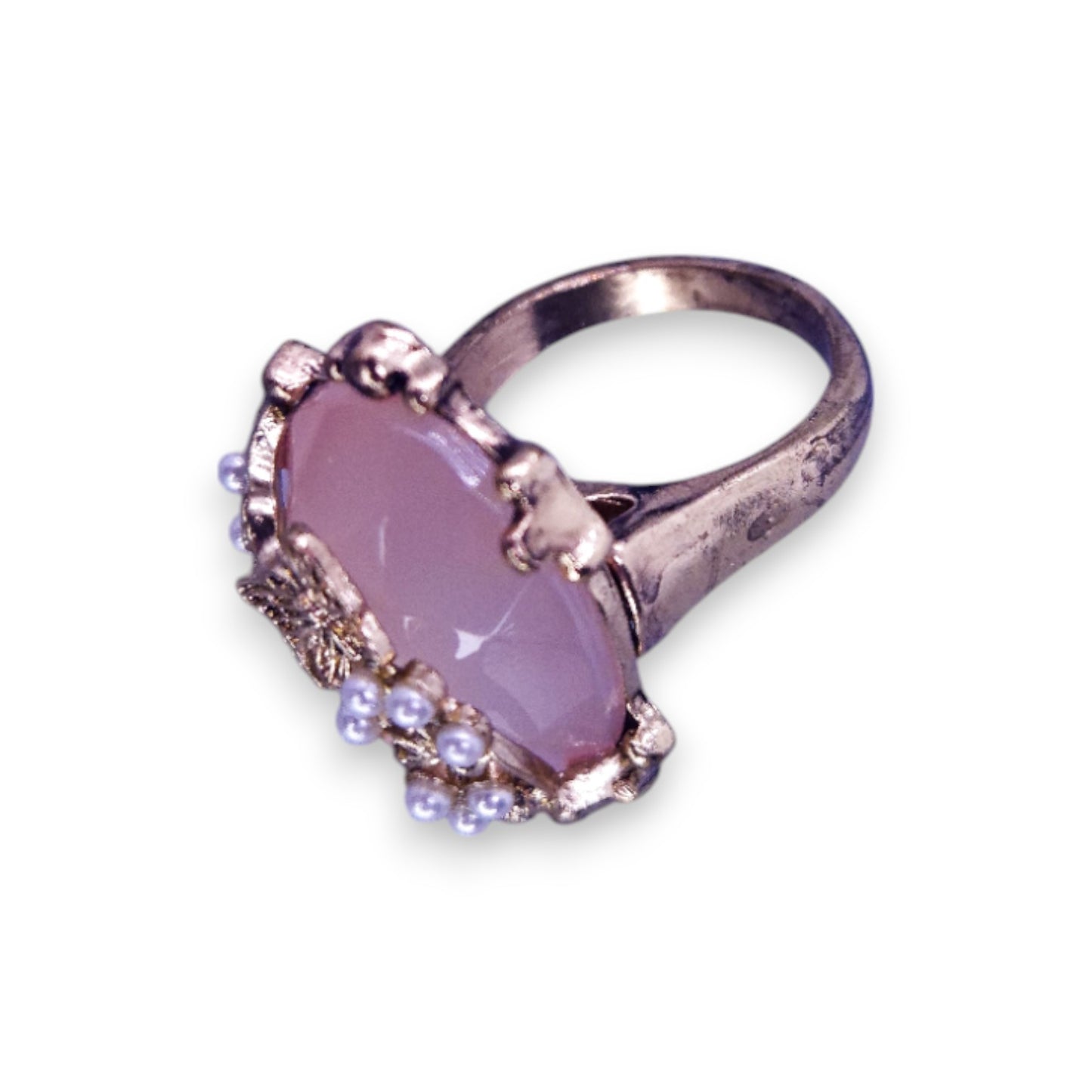 Gold Tone Pink Cubic Zirconia Faux Pearls Nature Inspired Ring