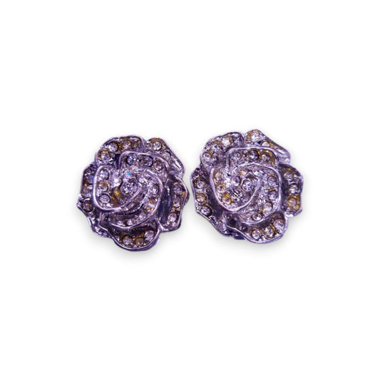 Silver Tone Clear Stones Nature Inspired Rose Earrings