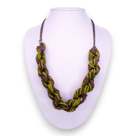 Silver Tone with Green & Gold Beads Vintage Necklace