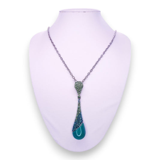 Silver Tone Green Stones Enamelled Modern Necklace