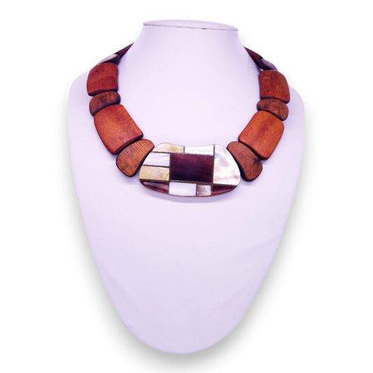 Wood with Mother of Pearl Inlay Bohemian Necklace