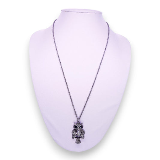 Silver Tone Clear Stones Nature Inspired Owl Necklace