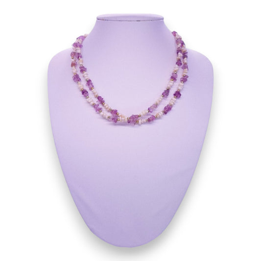 Rose Quartz Seed Pearls Classic Necklace - Semi-Precious Stone