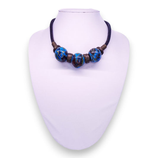 Leather Gold Tone Hand-Painted Wooden Beads Vintage Necklace