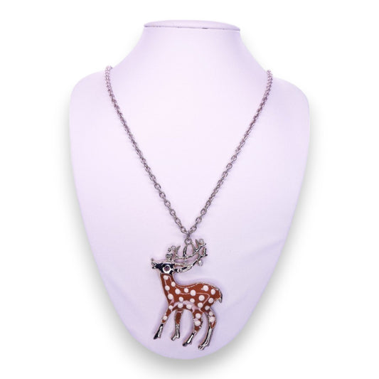 Silver Tone Clear Cubic Zirconia Enamelled Nature Inspired Reindeer Necklace