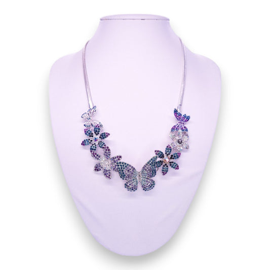 Silver Tone Blue, Purple, & Clear Cubic Zirconia Nature Inspired Necklace