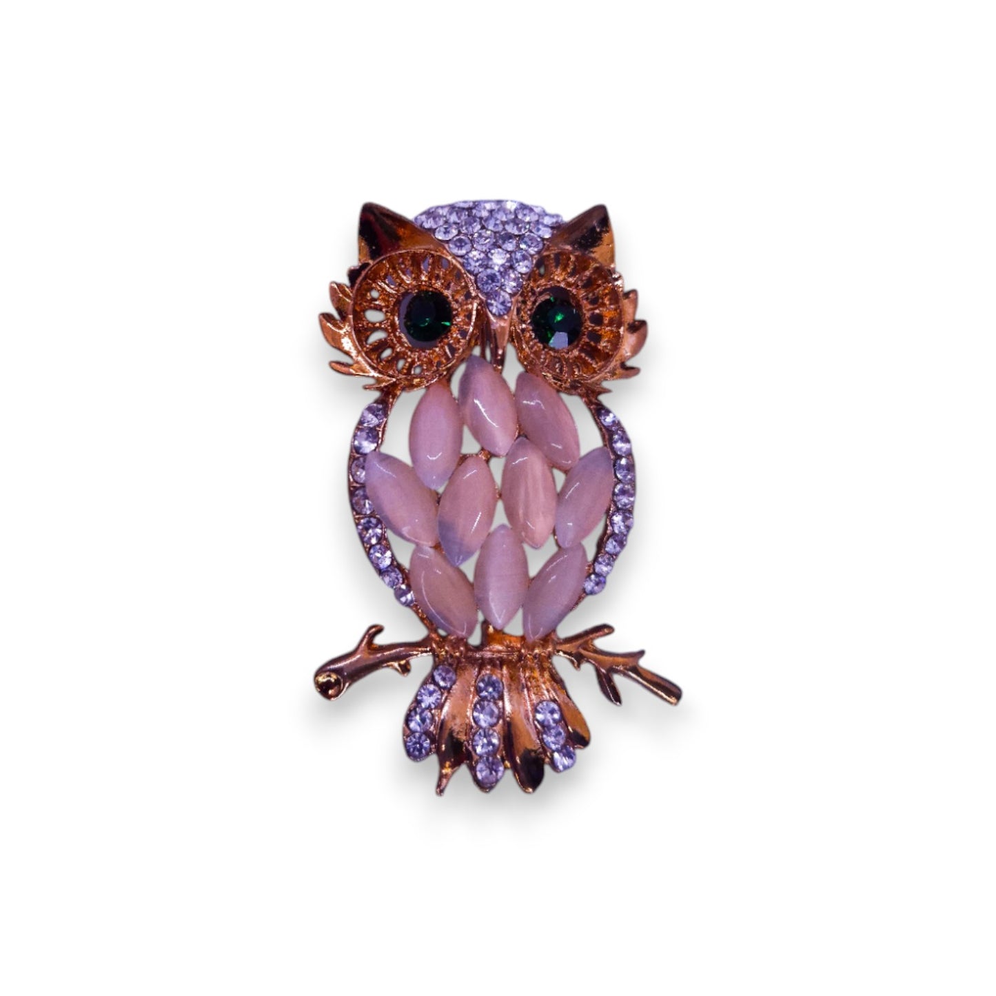 Gold Tone Clear, Green, & Cloudy Stones Nature Inspired Owl Brooch