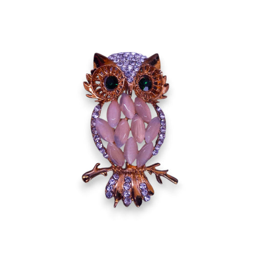 Gold Tone Clear, Green, & Cloudy Stones Nature Inspired Owl Brooch