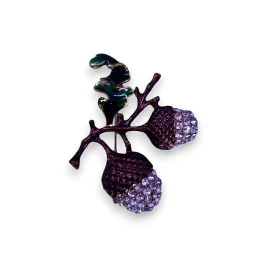 Gold Tone Cubic Zirconia Nature Inspired Acorns Brooch
