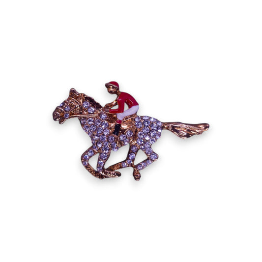 Gold Tone Cubic Zirconia Enamelled Nature Inspired Horseracing Brooch