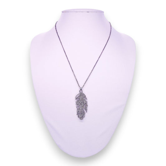 Silver Tone Clear Cubic Zirconia Nature Inspired Feather Necklace