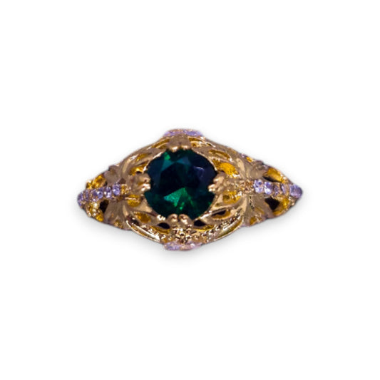Gold Tone Green & Clear Cubic Zirconia Classic Ring
