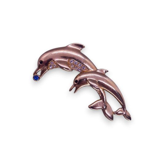 Gold Tone Cubic Zirconia Nature Inspired Dolphin Brooch