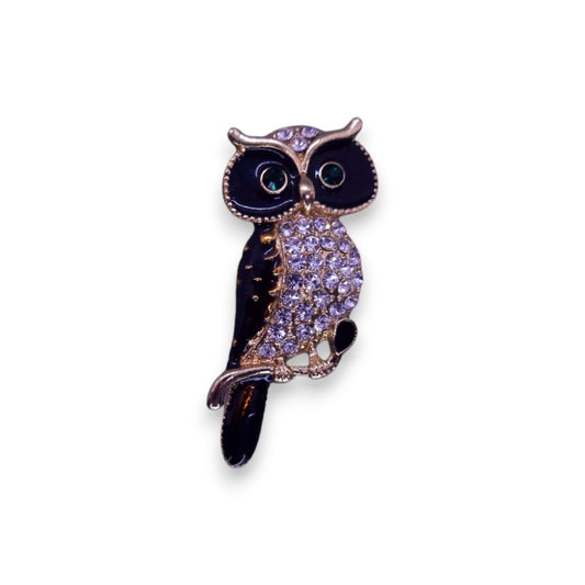 Gold Tone Cubic Zirconia Enamelled Nature Inspired Owl Brooch