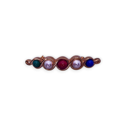 Gold Tone Multi Colour Stones Faux Pearls Classic Brooch