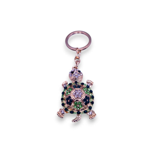 Gold Tone Clear, Green, & Black Cubic Zirconia Nature Inspired Keyring
