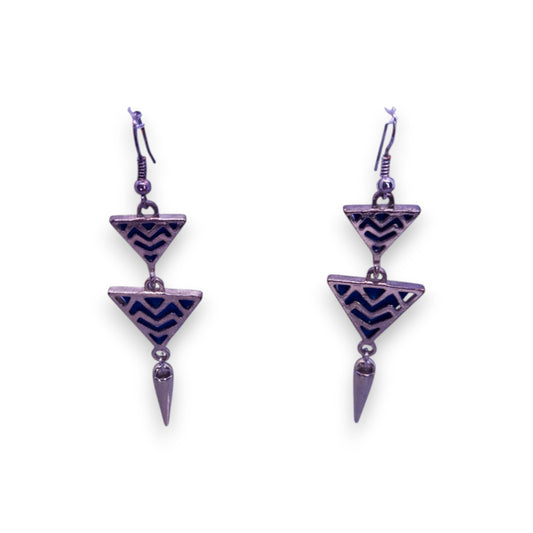 Silver Tone Leather Art Deco Earrings