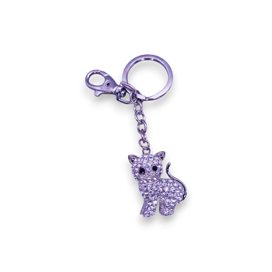 Silver Tone Clear Cubic Zirconia Nature Inspired Cat Keyring