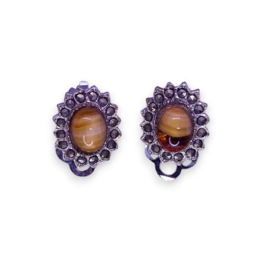 Silver Tone Yellow Agate Marcasite Classic Earrings